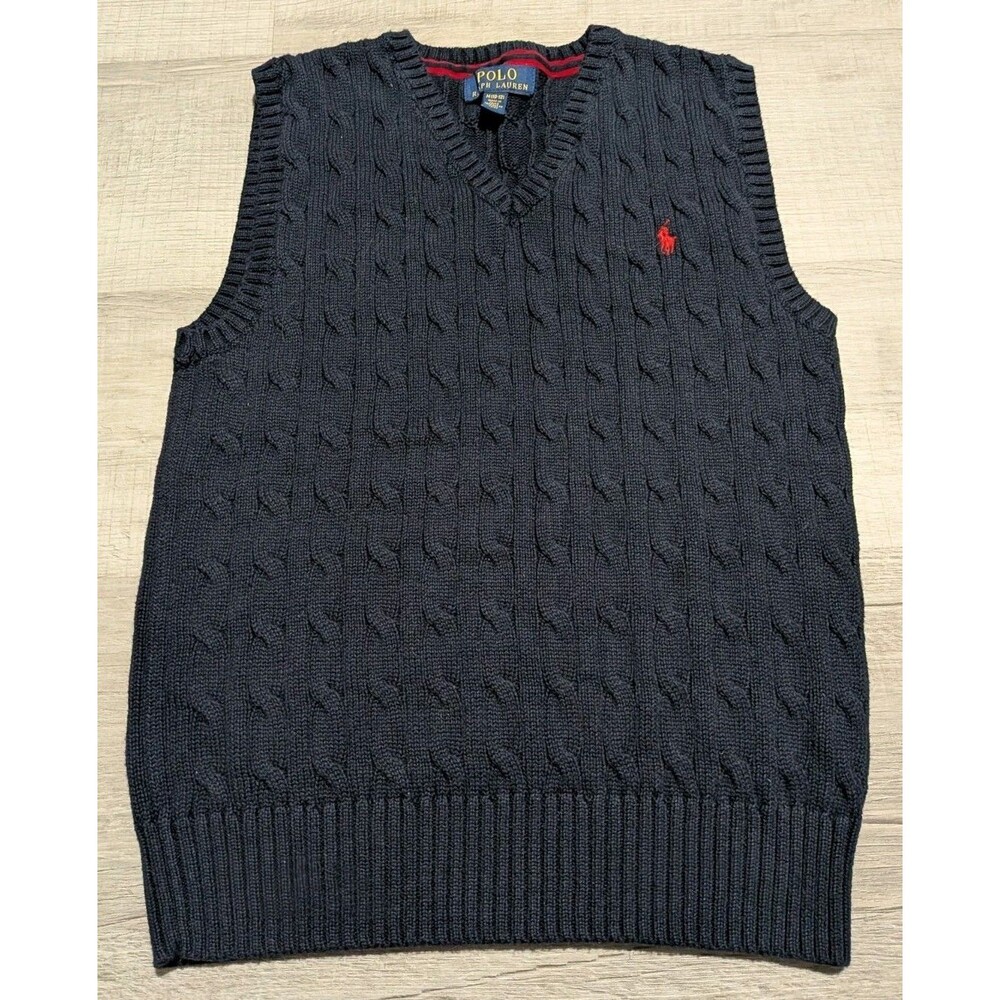 Polo Ralph Lauren Sweater Vest Kids Medium Navy Blue Cable Knit Cotton V Neck